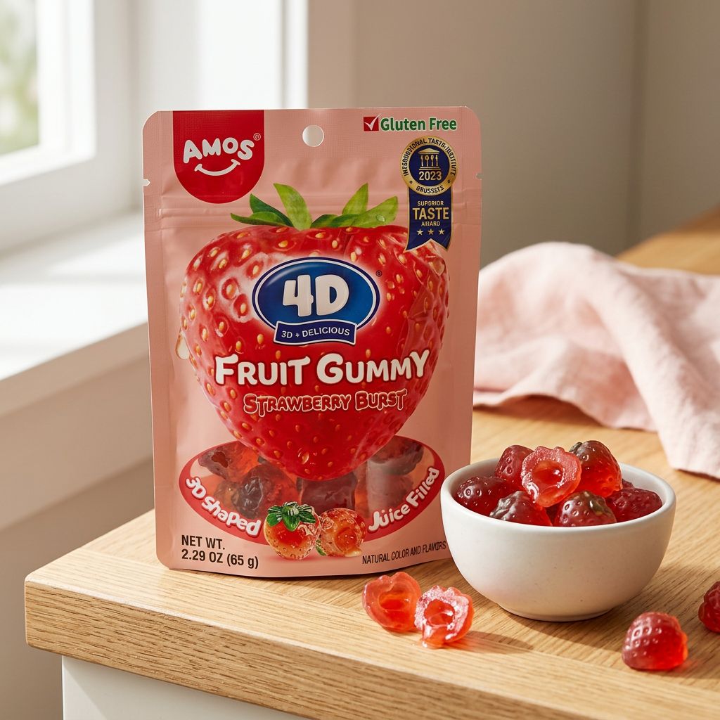 Amos 4D Fruit Gummy Strawberry, bonbon fraise importé à coeur liquide, disponible sur My American Shop