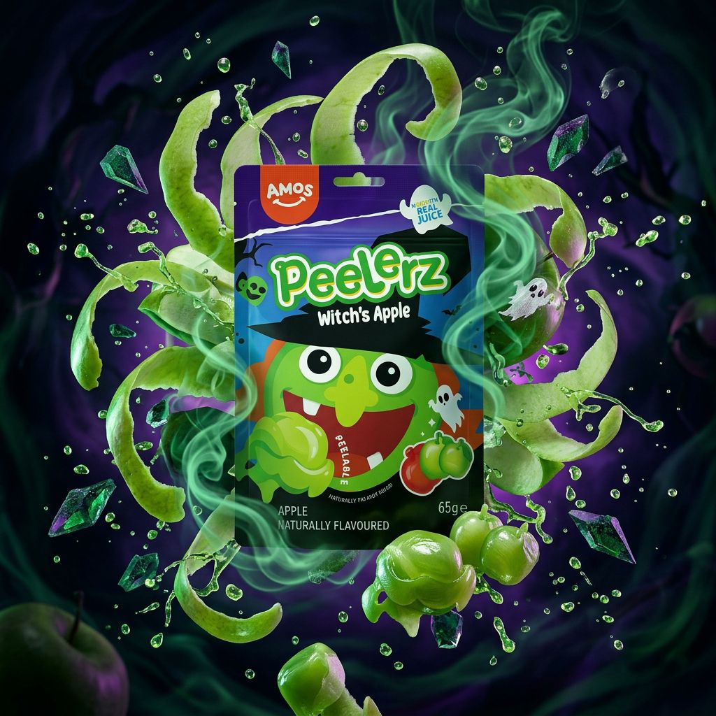 Amos Peelerz Gummy Witch Apple, bonbon gélifié XXL à éplucher goût pomme verte acidulée, disponible sur My American Shop