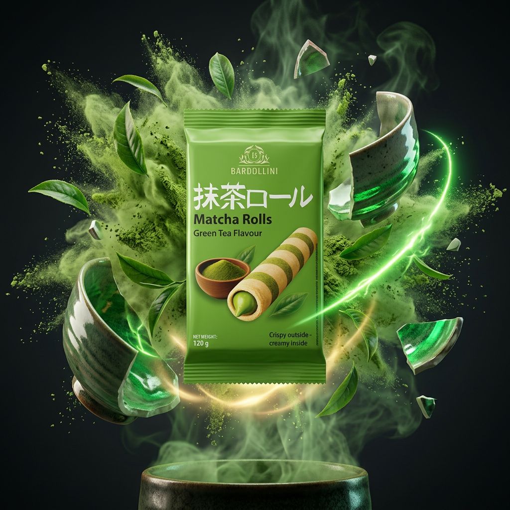 Bardollini Match Rolls saveur thé vert matcha, snack croustillant importé en format roll fin, disponible sur My American Shop