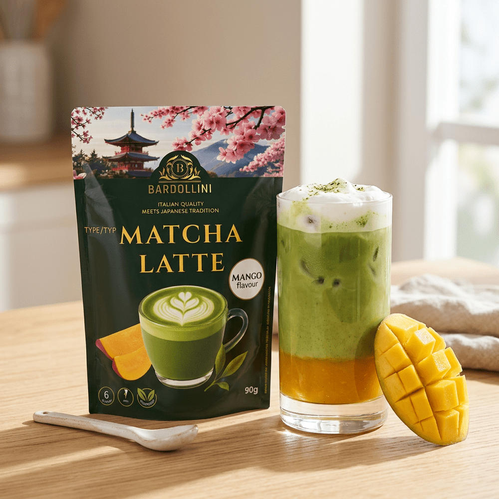 Bardollini Matcha Latte Mango, poudre instantanée pour latte crémeux saveur matcha et mangue tropicale, 3% de thé vert matcha, texture onctueuse façon barista, disponible sur My American Shop.