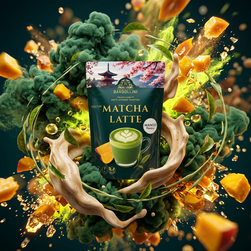 Bardollini Matcha Latte Mango, poudre instantanée tropicale crémeuse au thé vert, disponible sur My American Shop