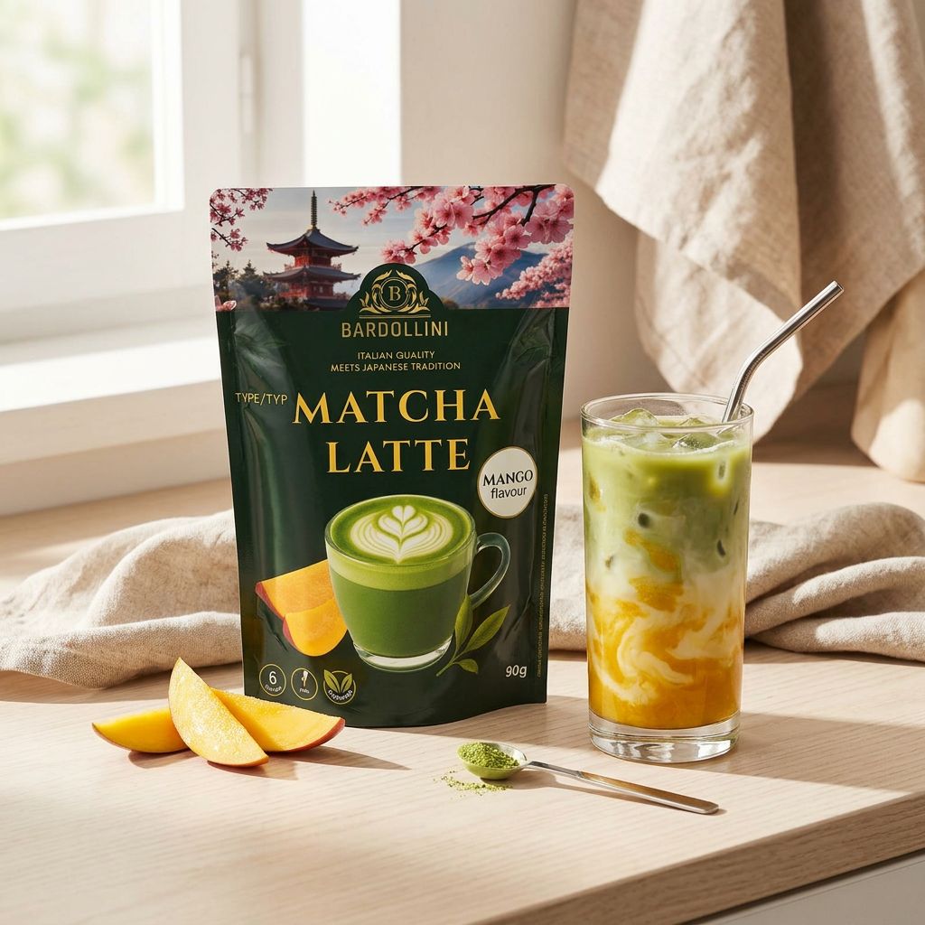Bardollini Matcha Latte Mango, poudre instantanée tropicale crémeuse au thé vert, disponible sur My American Shop