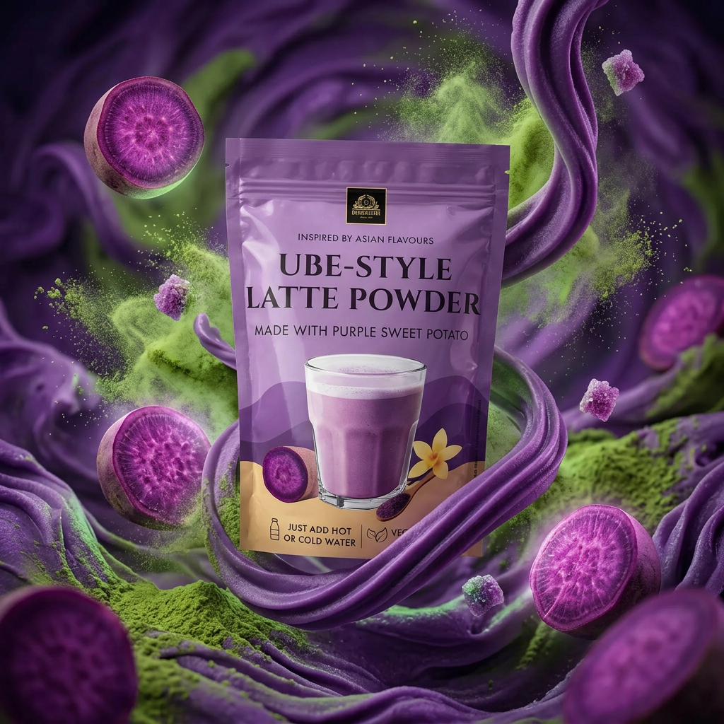 Bardollini Matcha Ube Style Latte, poudre instantanée pour latte crémeux matcha et patate douce violette philippine, 6.5% d'ube véritable, couleur naturellement violacée, texture soyeuse chaud ou glacé, disponible sur My American Shop.