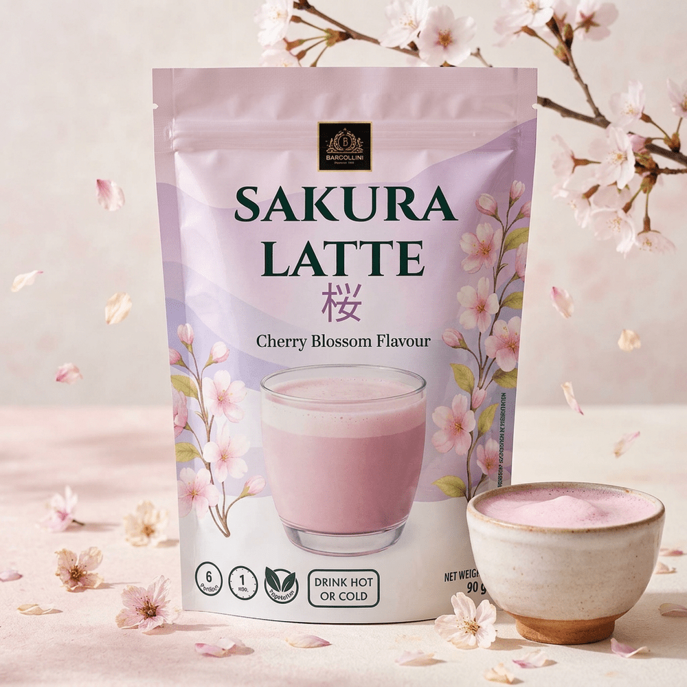Bardollini Sakura Latte, poudre instantanée pour latte crémeux saveur fleur de cerisier japonaise, teinte rosée naturelle à la betterave rouge, texture veloutée façon barista, disponible sur My American Shop.