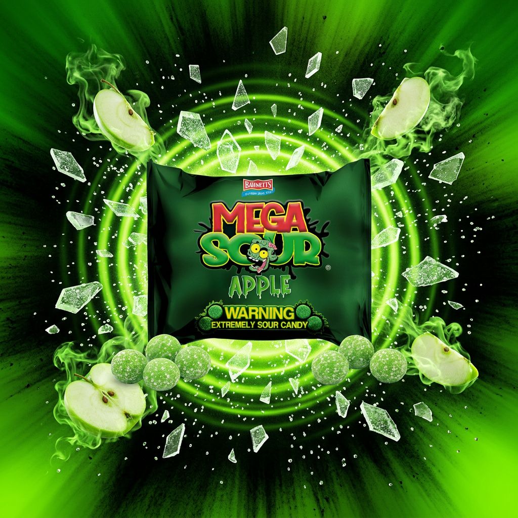 Barnetts Mega Sour Apple, bonbon dur ultra acide pomme verte, origine Royaume-Uni, disponible sur My American Shop