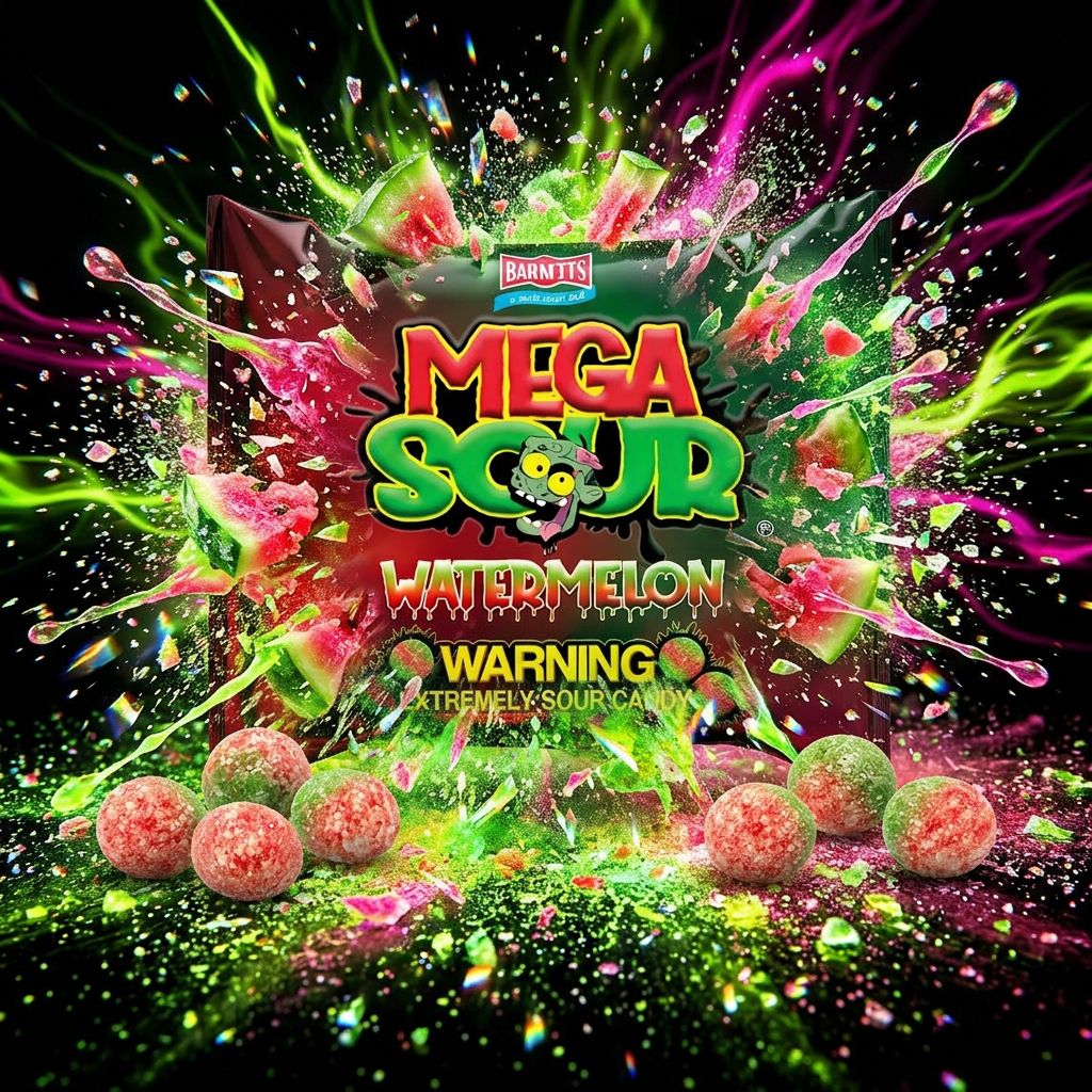 Barnetts Mega Sour Watermelon, bonbons durs ultra-acidulés saveur pastèque, origine UK, disponible sur My American Shop