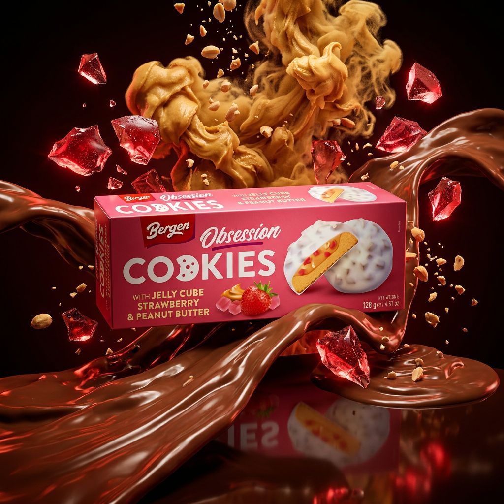 Bergen Cookies Jelly Cube Fraise et Beurre de Cacahuète, biscuit enrobé chocolat au lait, importé, disponible sur My American Shop