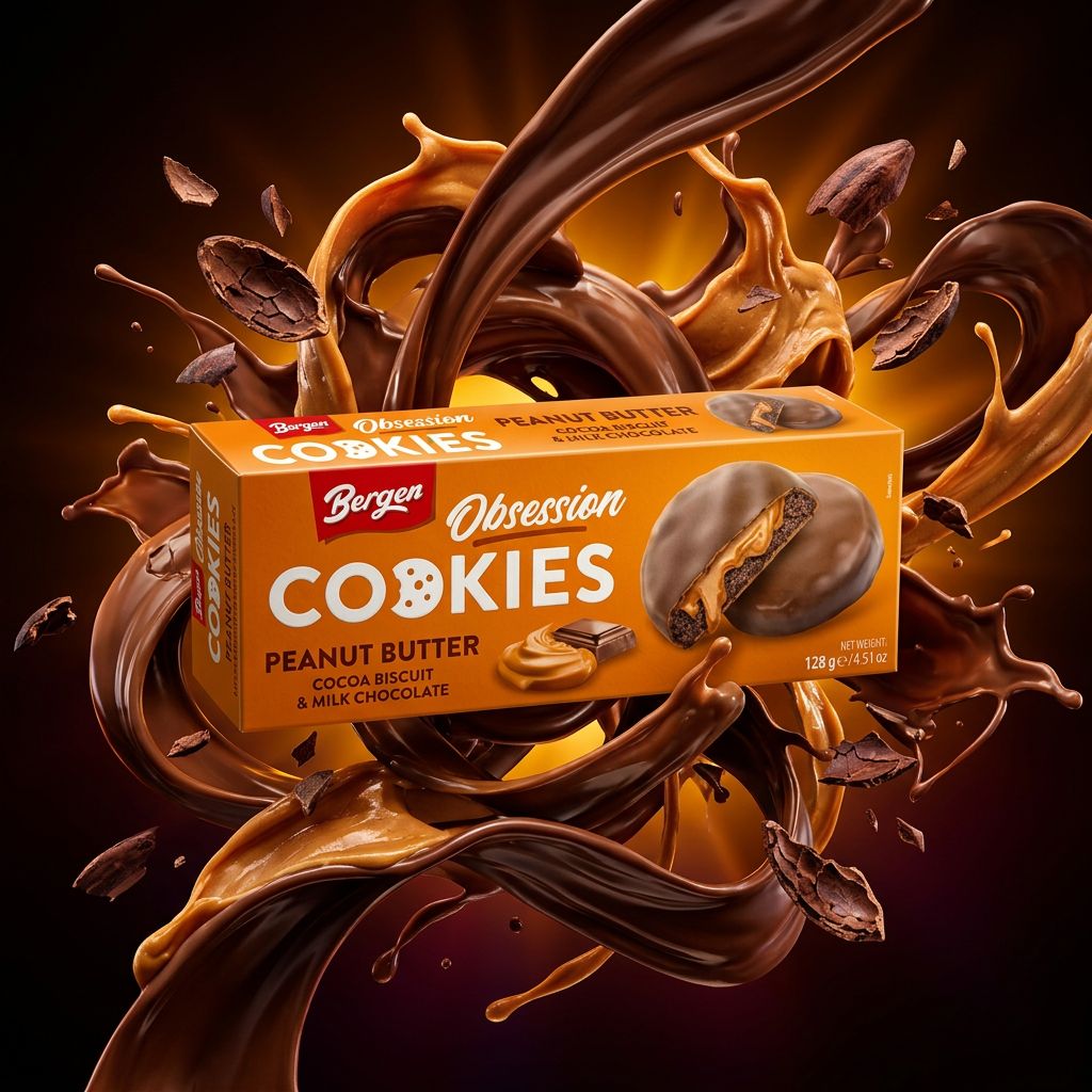 Bergen Obsession Cookies beurre de cacahuète cacao enrobés chocolat lacté importés, disponible sur My American Shop