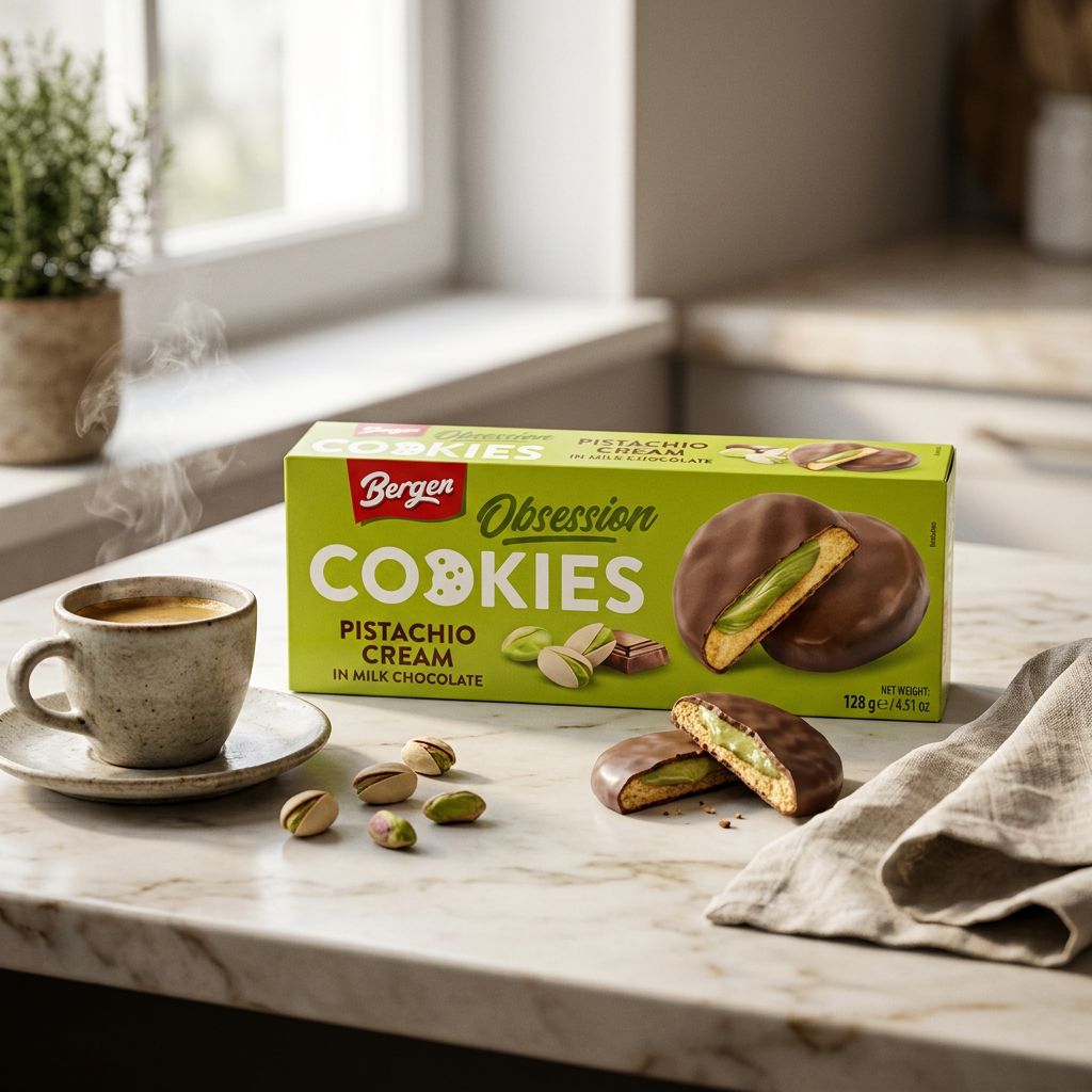 Bergen Pistachio Cream Milk Chocolate Cookie, biscuit fourré crème pistache enrobé chocolat au lait, disponible sur My American Shop