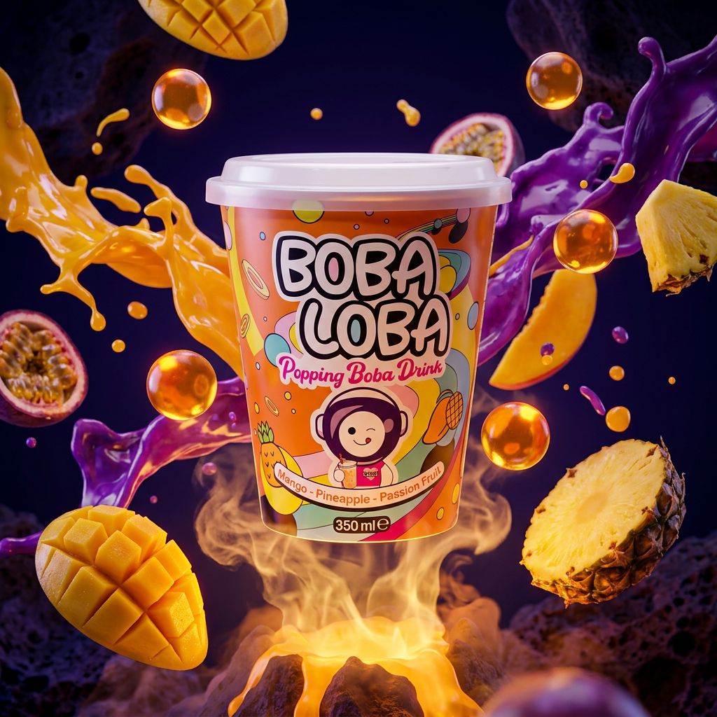Boba Loba Mango Pineapple Passion Fruit, bubble tea tropical en canette avec perles de boba, disponible sur My American Shop