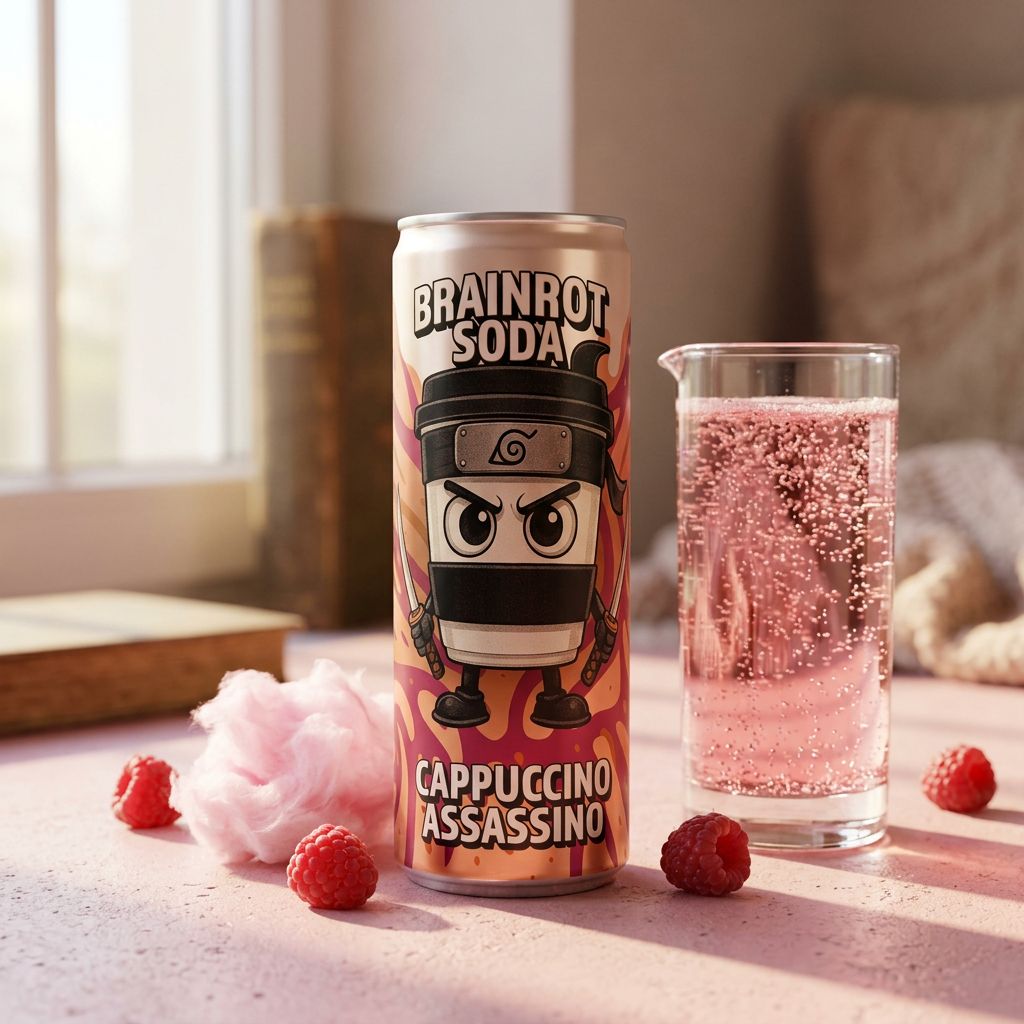 Brainrot Soda Cappuccino Assassino, soda pétillant framboise barbe à papa, boisson virale import, disponible sur My American Shop