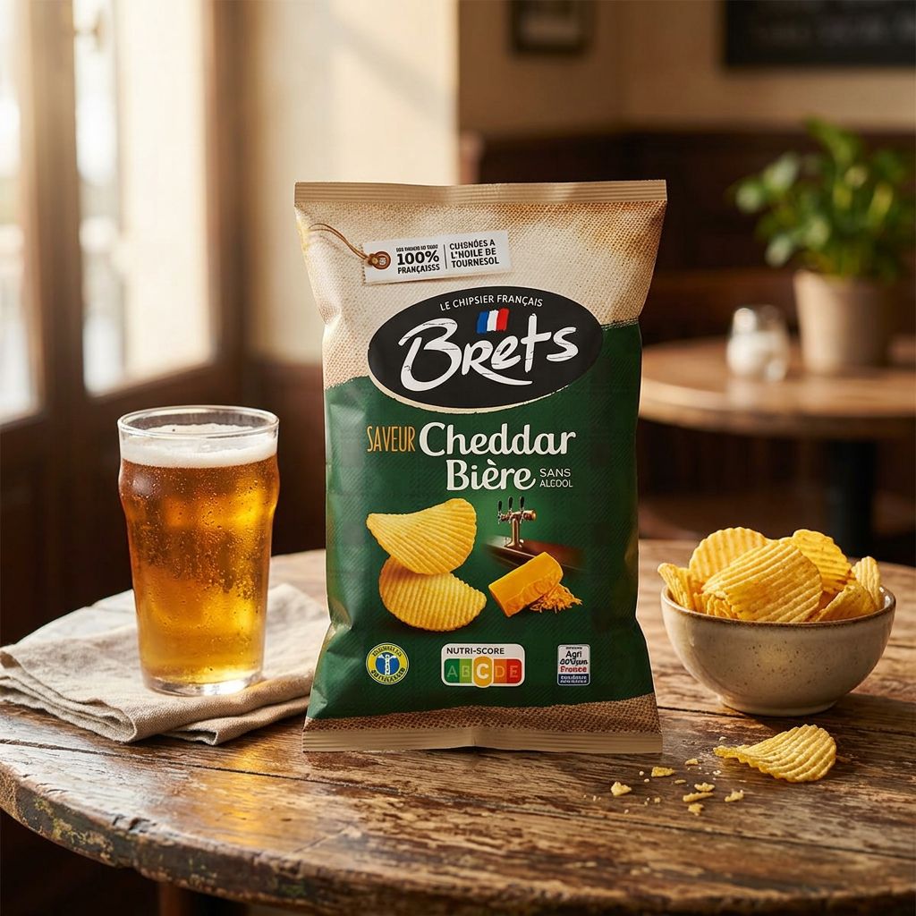 Chips Brets Flavour Cheddar Biere, sachet format snack premium, saveur fromagere et maltee, disponible sur My American Shop