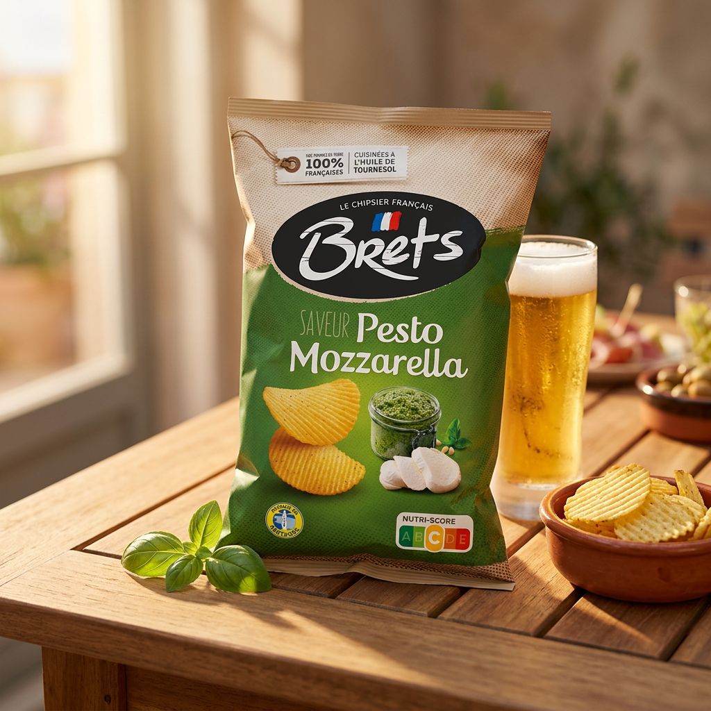 Chips Brets Flavour Pesto Mozzarella, saveur italienne intense, sachet français, disponible sur My American Shop