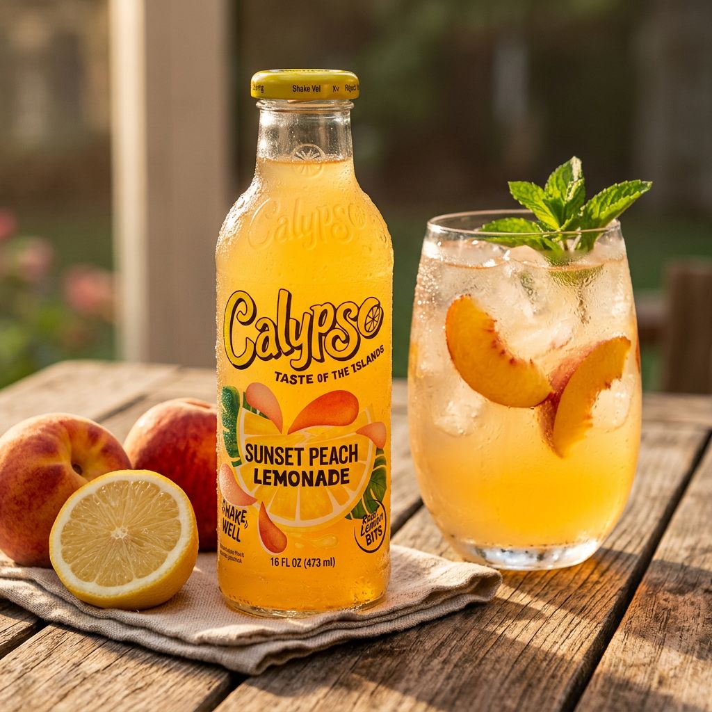 Calypso Lemonade Sunset Peach, saveur citron-pêche, bouteille verre 473ml, importée des USA, disponible sur My American Shop
