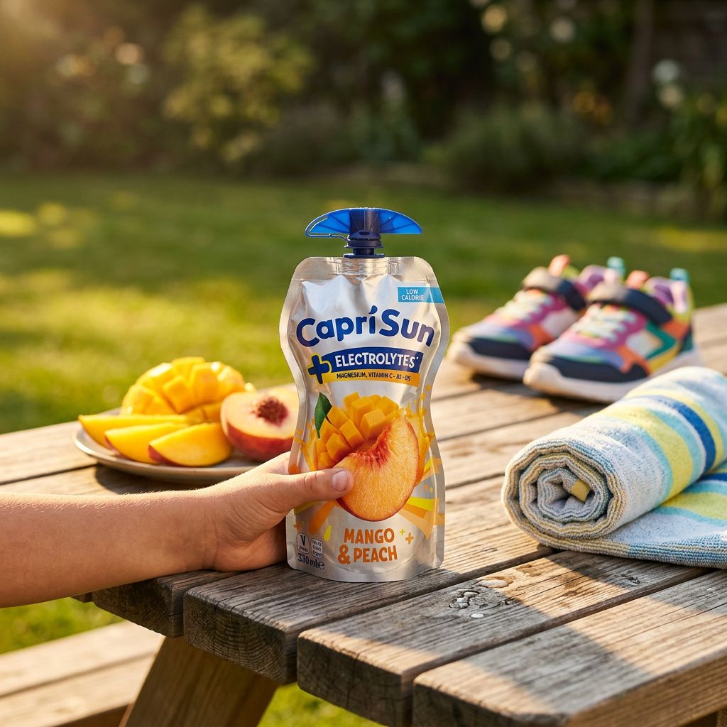 Capri Sun Electrolytes Mango Peach, boisson fruitée tropicale avec électrolytes, disponible sur My American Shop