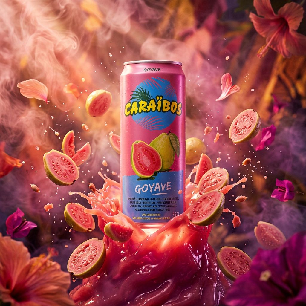 Caraïbos Guava, nectar de goyave rose des Caraïbes en bouteille, disponible sur My American Shop