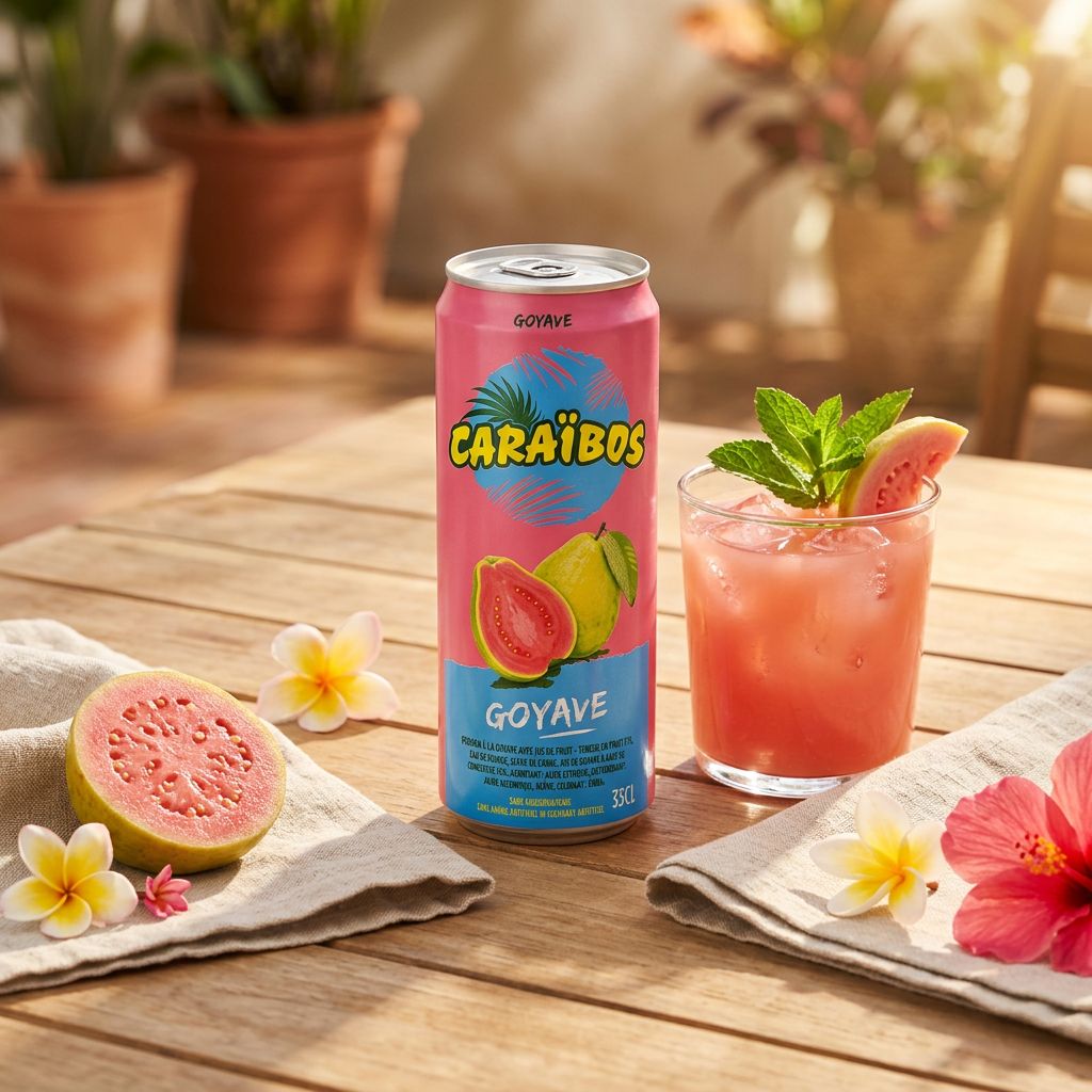 Caraïbos Guava, nectar de goyave rose des Caraïbes en bouteille, disponible sur My American Shop