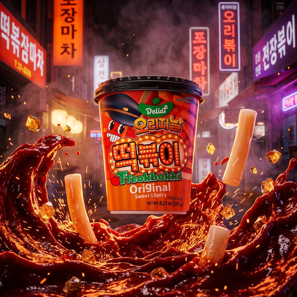 Delief Tteobokki Cup Original Sweet & Spicy, gâteaux de riz coréens sauce gochujang, format cup, disponible sur My American Shop