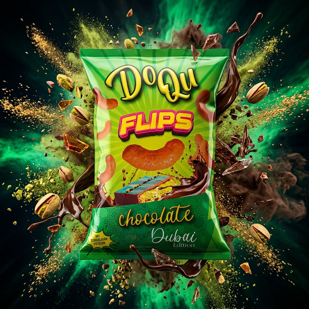 Doqu Flips Dubai Chocolate, snack soufflé pistache et cacao tendance, disponible sur My American Shop