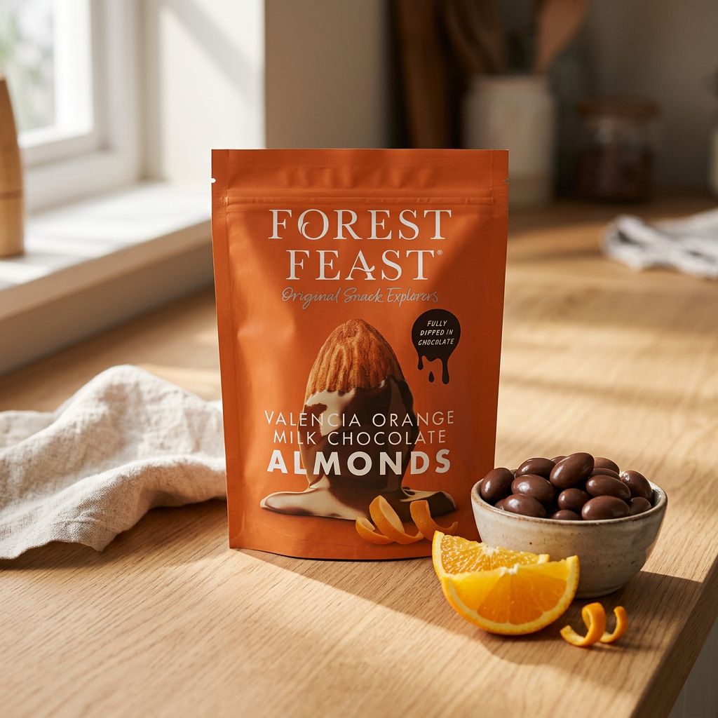 Forest Feast amandes chocolat au lait belge orange de Valence, snack premium irlandais, disponible sur My American Shop