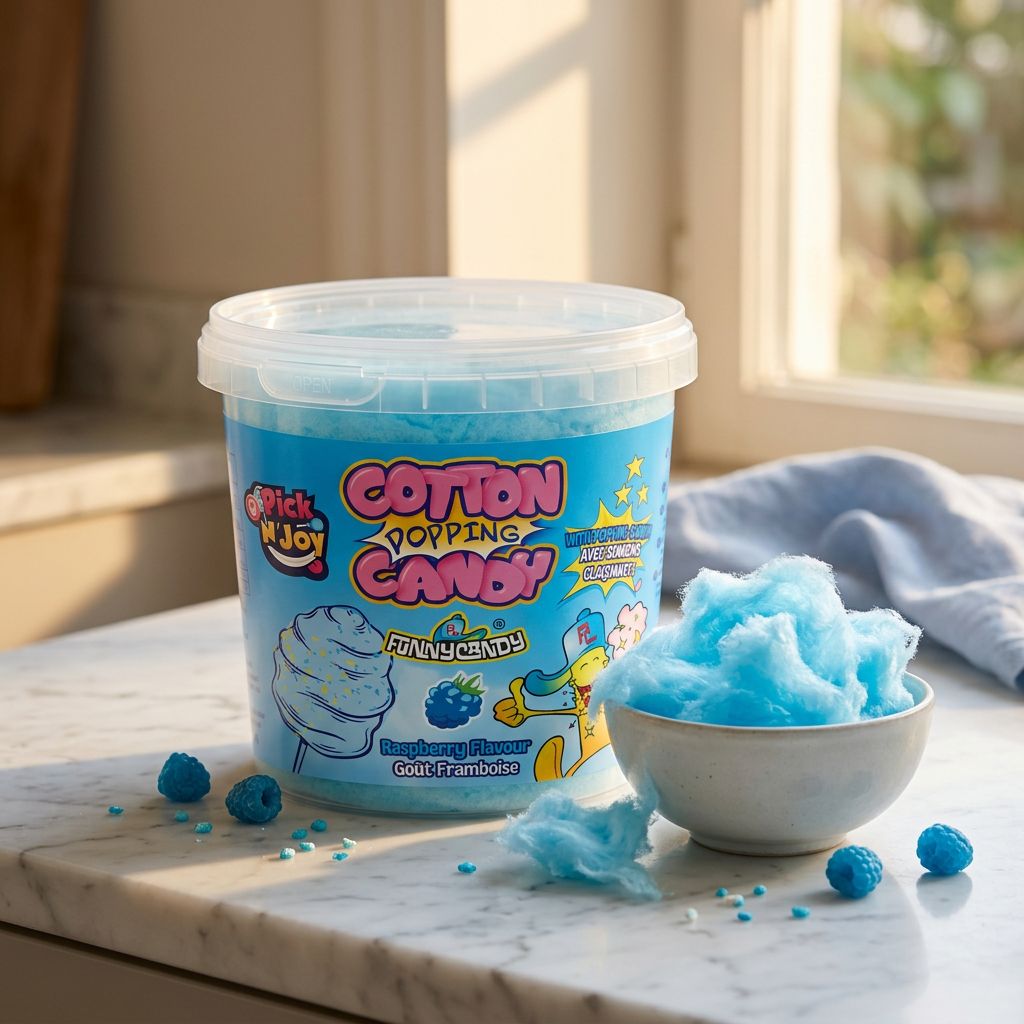 Funnycandy Poppin Cottin Candy Blue Raspberry, barbe à papa framboise bleue, disponible sur My American Shop