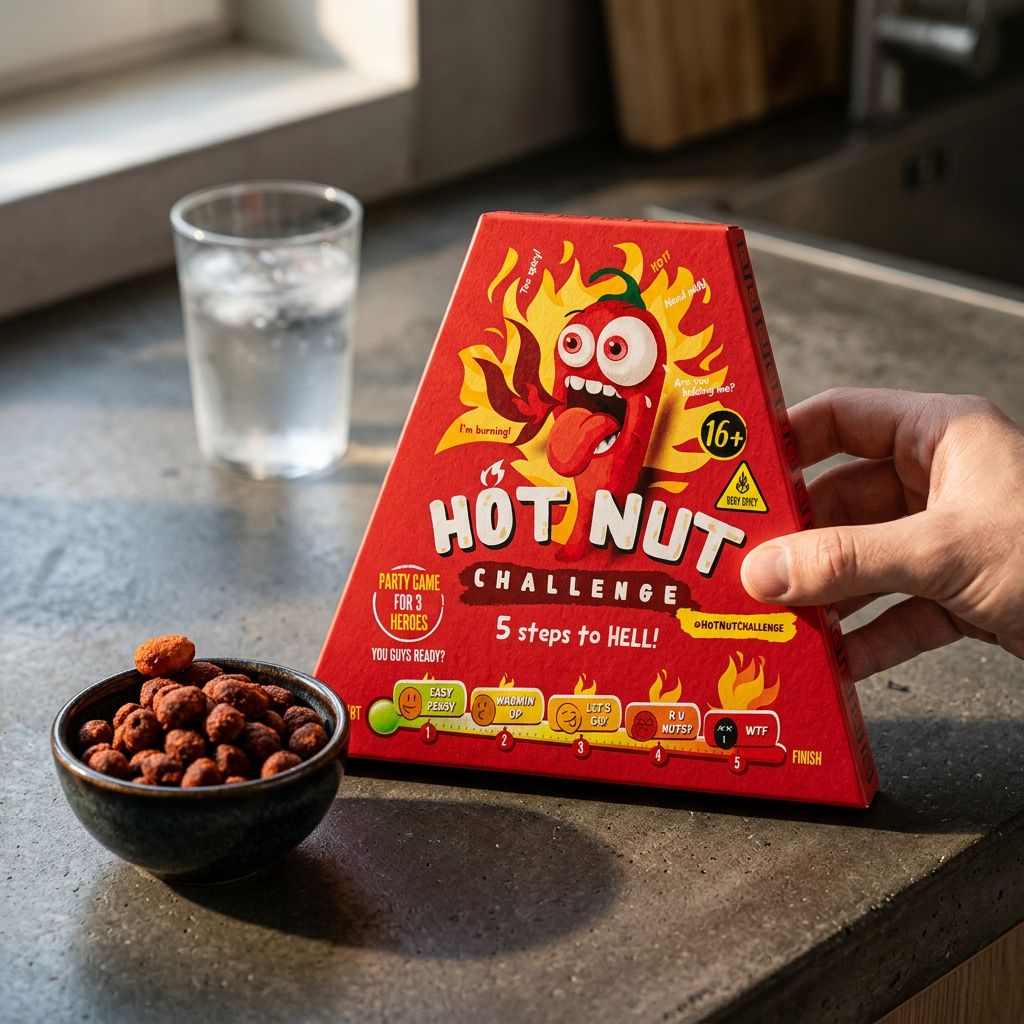 Hot Chip Hot Nut Challenge, cacahuète enrobée 9 piments extrêmes, format défi, marque danoise, disponible sur My American Shop