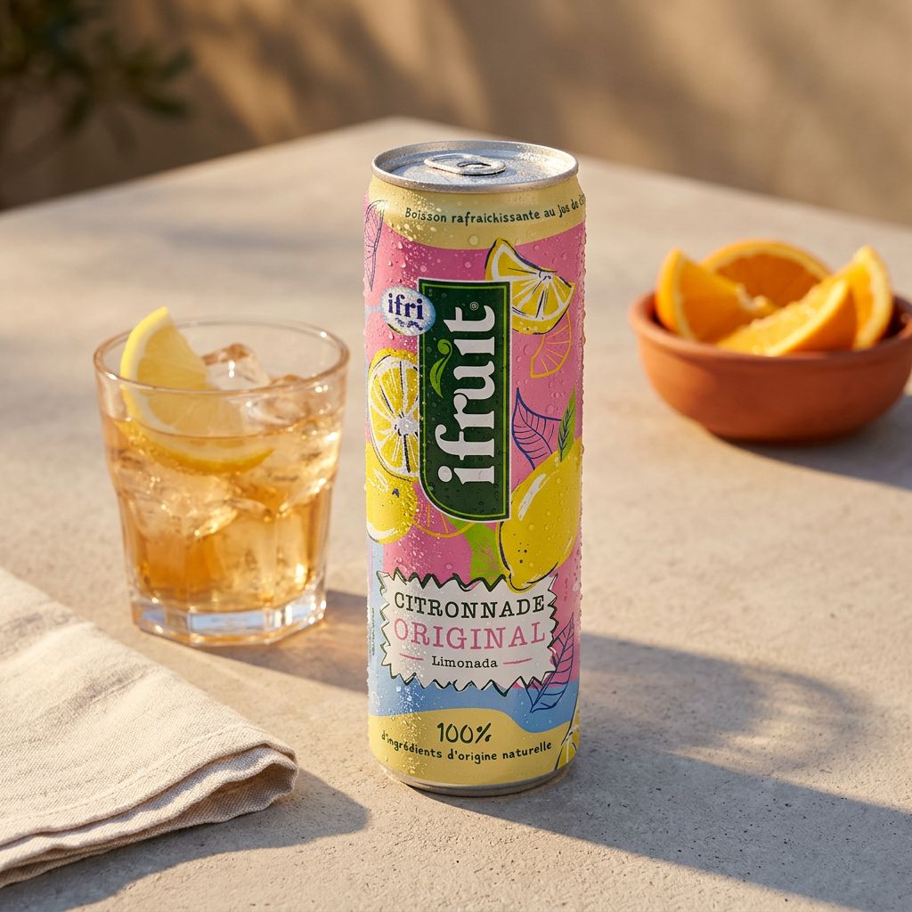 Ifri Lemonade, limonade aux agrumes avec jus de citron et pulpe d'orange, importée, disponible sur My American Shop