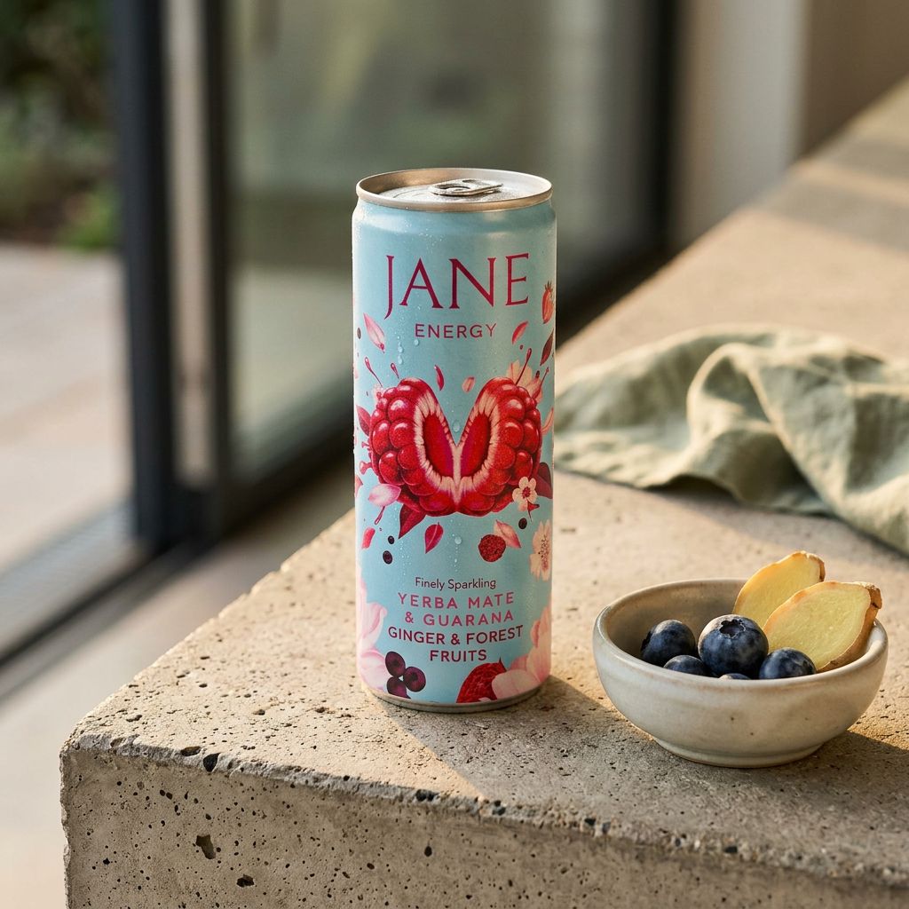 Canette Jane Energy Ginger & Forest Fruits, boisson énergisante pétillante au gingembre et fruits des bois, disponible sur My American Shop