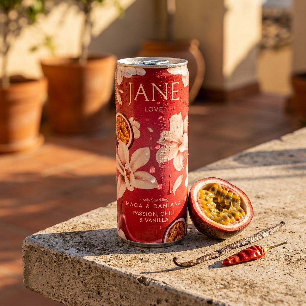Jane Love Passion Chili & Vanilla, boisson fonctionnelle pétillante aux fruits exotiques, disponible sur My American Shop
