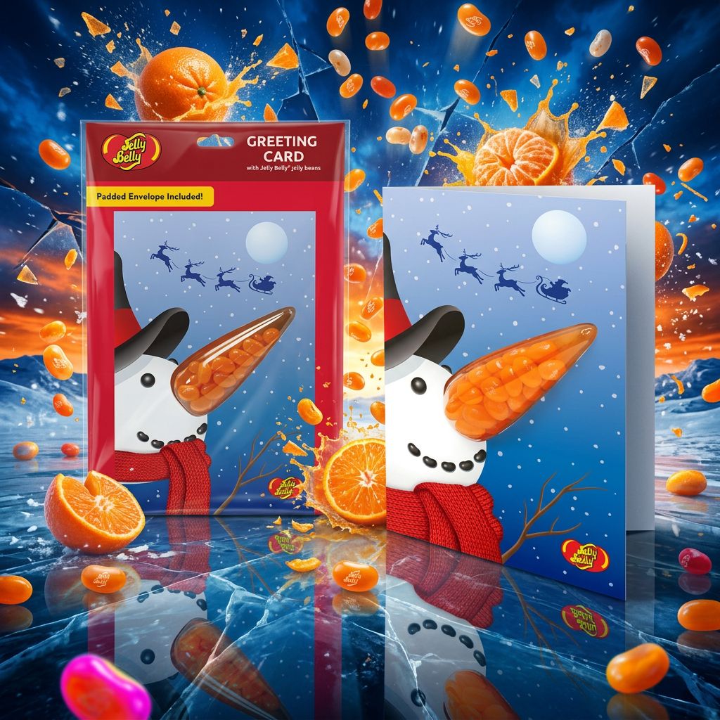 Jelly Belly Snowman Card, carte collector bonbons saveur mandarine, édition fêtes importée des États-Unis, disponible sur My American Shop