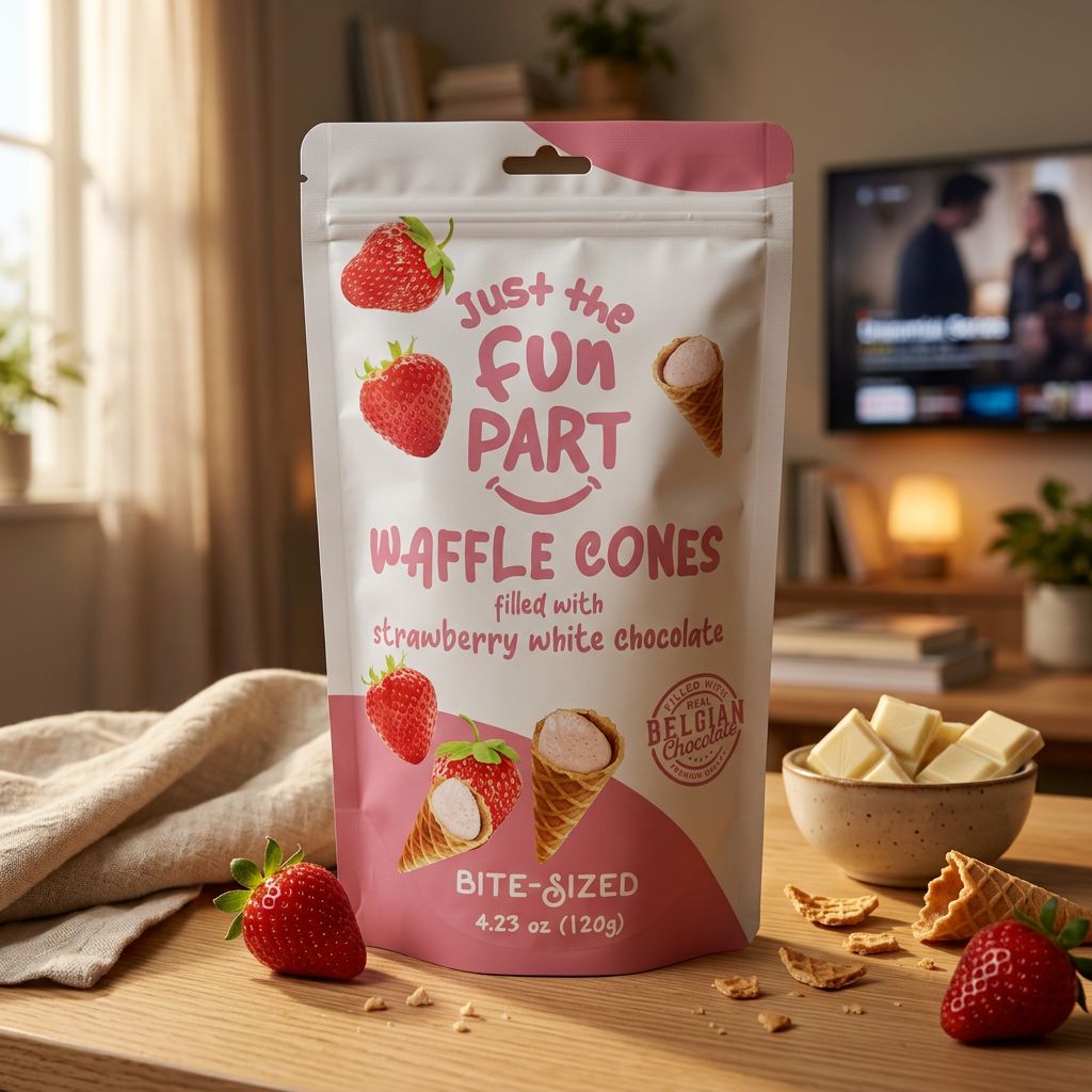 Just The Fun Part Strawberry & White Chocolate, snack américain chocolat blanc fraise gaufrette importé, disponible sur My American Shop