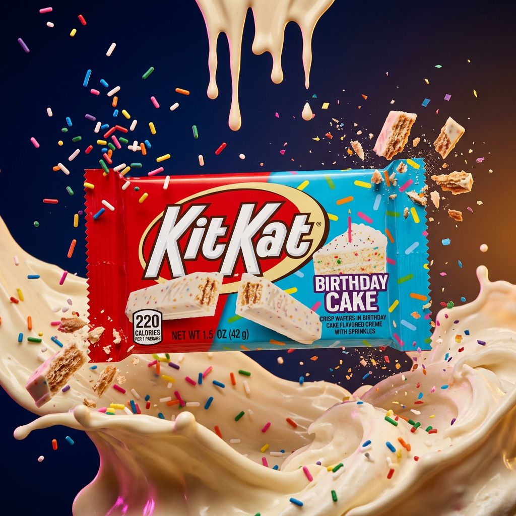 Kit Kat Birthday Cake edition US, chocolat blanc et sprinkles, barre importee Amerique, disponible sur My American Shop