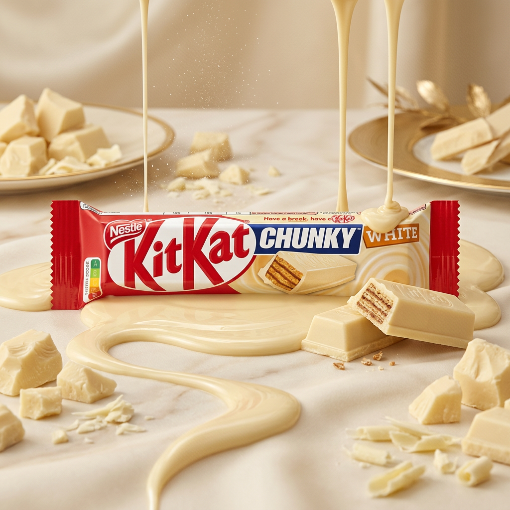 KitKat Chunky White, barre chocolatée grand format enrobée de chocolat blanc fondant avec coeur de gaufre croustillante, édition Nestlé disponible sur My American Shop, idéale pour une pause gourmande généreuse.
