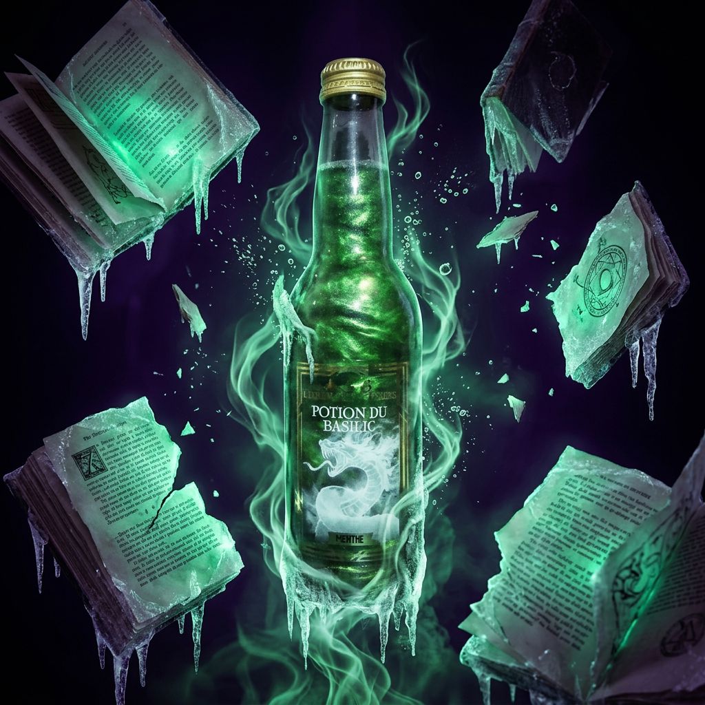 L'Elixir Des 3 Sorciers Potion du Basilic, soda pétillant menthe glaciale en bouteille grimoire, disponible sur My American Shop