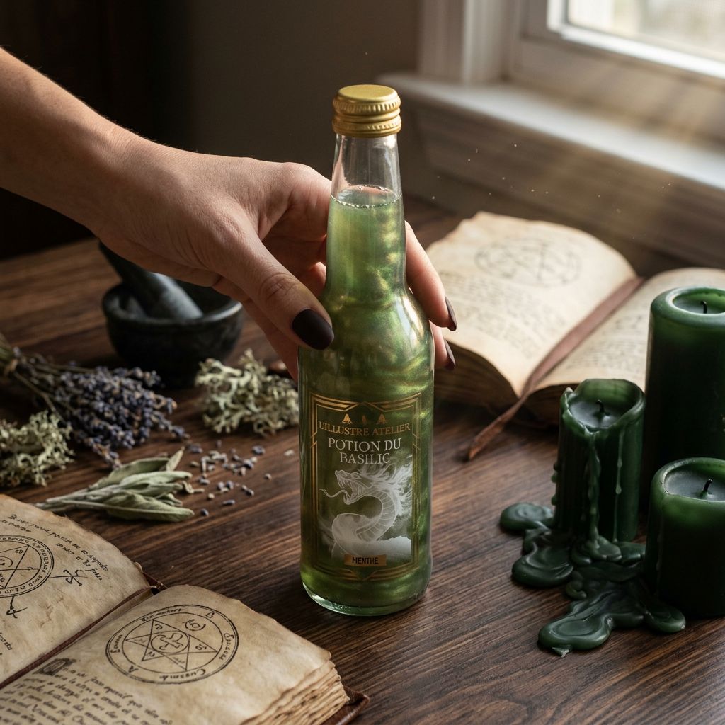 L'Elixir Des 3 Sorciers Potion du Basilic, soda pétillant menthe glaciale en bouteille grimoire, disponible sur My American Shop