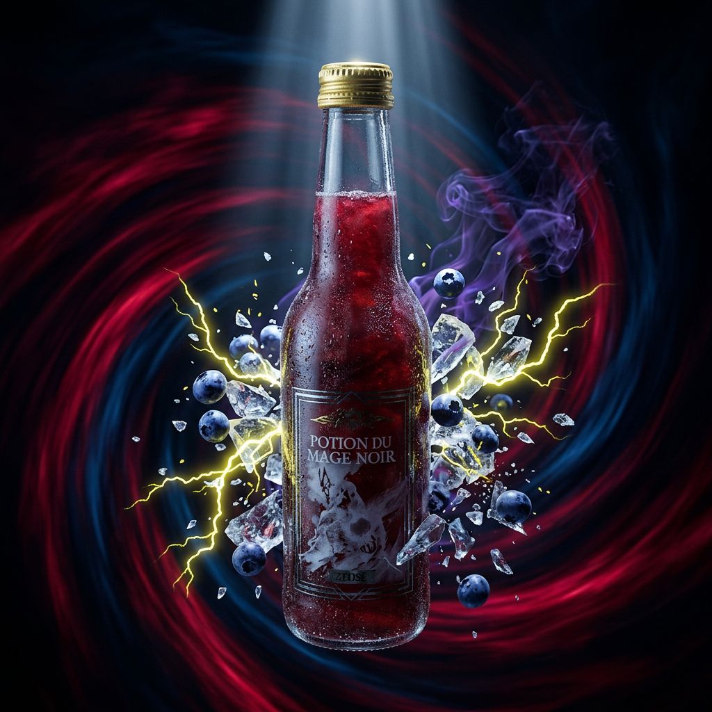 L'Elixir Des 3 Sorciers Potion du Mage Noir, boisson pétillante cerise myrtille, disponible sur My American Shop