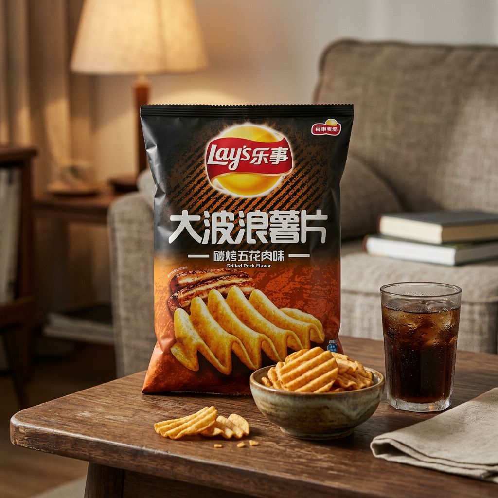 Lay's Deep Ridged Porc Grillé, chips ondulées import Chine, saveur BBQ asiatique, disponible sur My American Shop