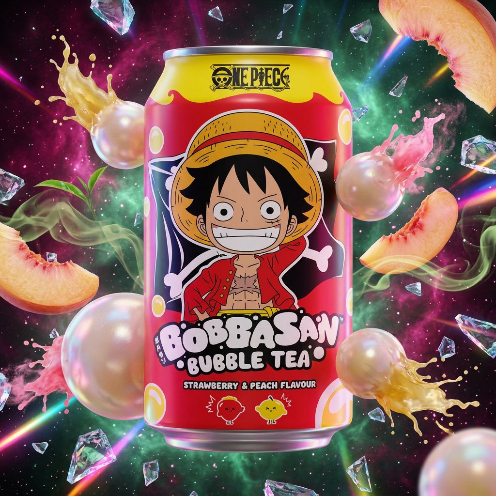 Luffy Bubble Tea Pêche Fraise Ultra Ice Tea en canette avec perles de tapioca, disponible sur My American Shop