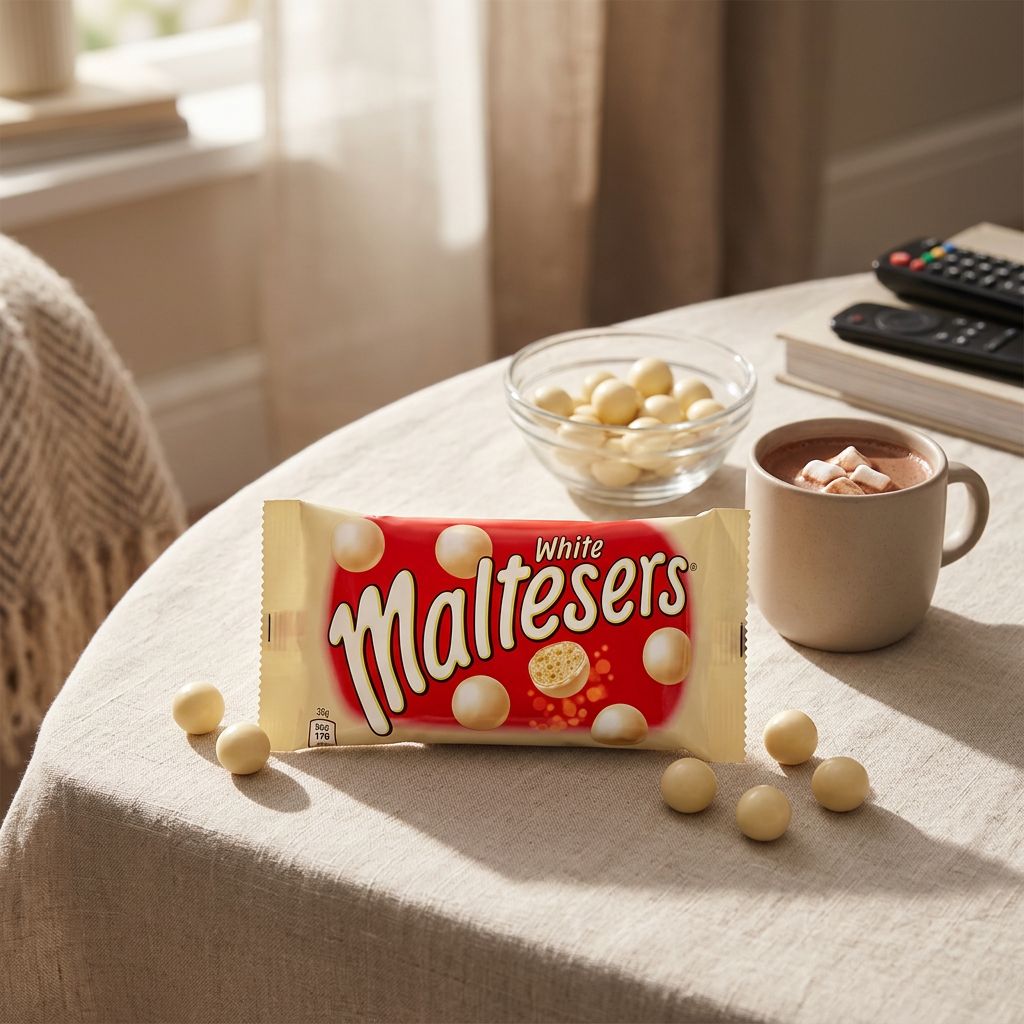 Maltesers White Chocolate, billes maltées enrobées chocolat blanc Nestlé, sachet format snacking, disponible sur My American Shop