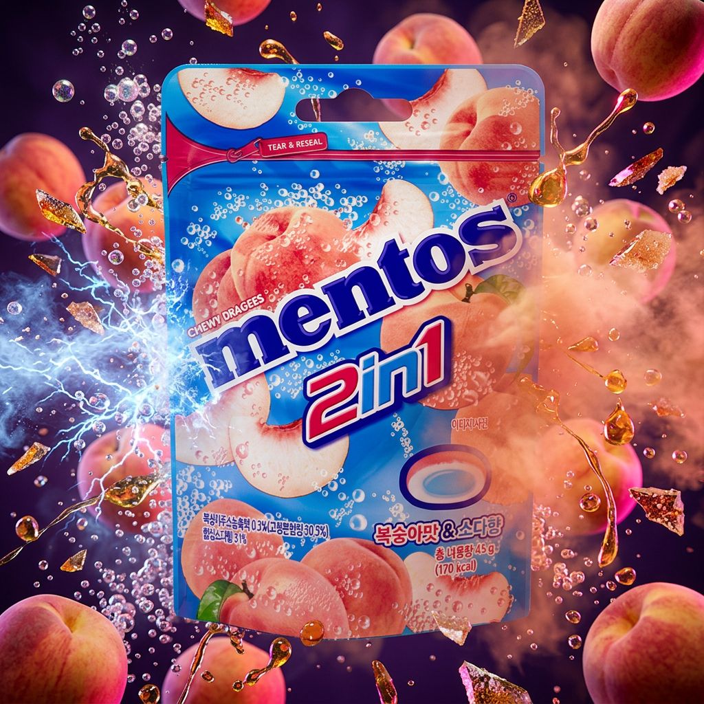 Mentos Duo Peach & Soda, rouleau de dragées double saveur pêche et soda importé, disponible sur My American Shop