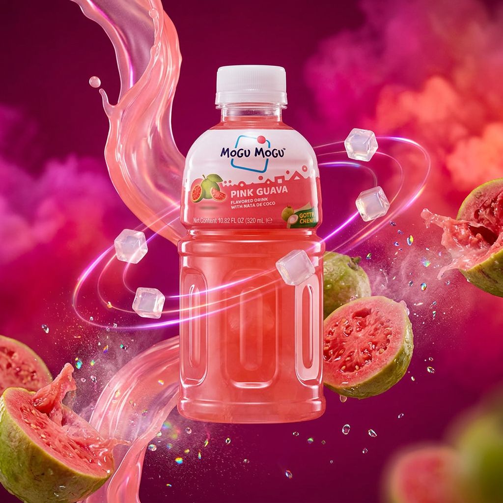 Mogu Mogu Pink Guava, boisson thaïlandaise 320ml aux cubes de nata de coco, disponible sur My American Shop