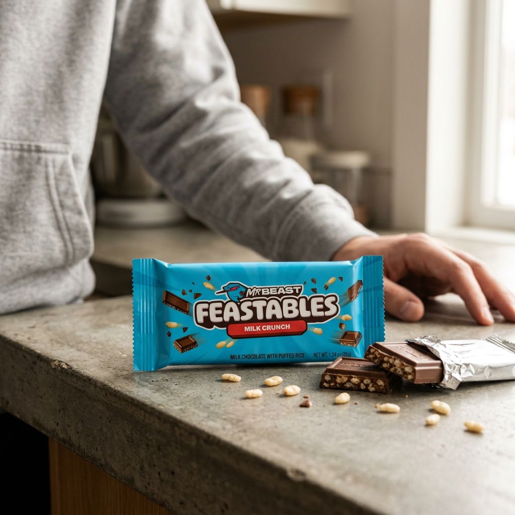 Mr Beast Feastables Chocolate Crunch, barre chocolat au lait croustillant riz, importée des USA, disponible sur My American Shop