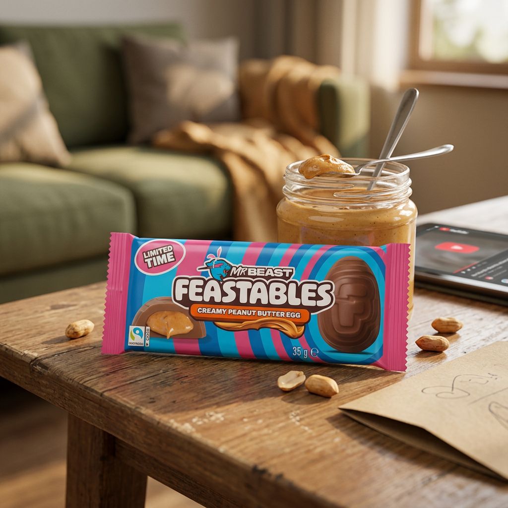 Feastables MrBeast Creamy Peanut Butter Egg, oeuf chocolat lait fourré beurre de cacahuète, snack américain, disponible sur My American Shop