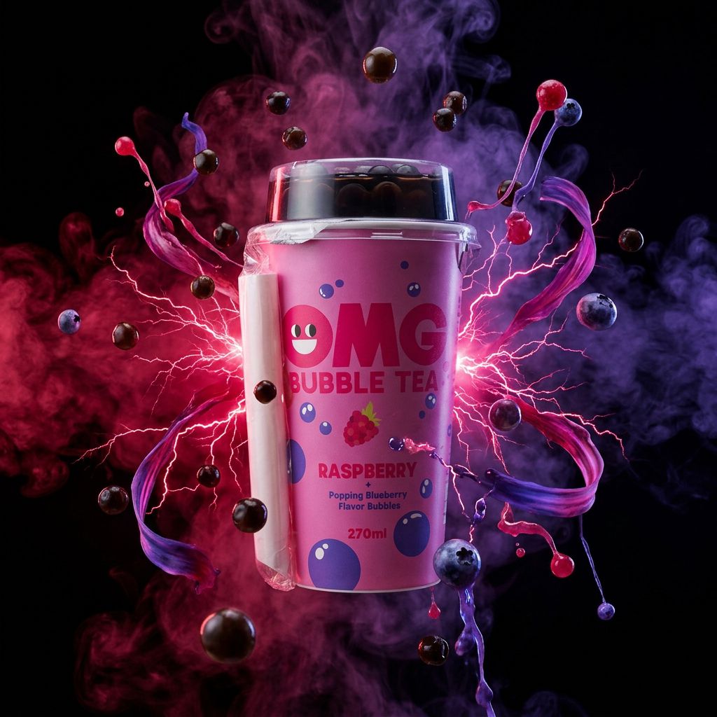 OMG Bubble Tea Framboise Myrtille, boisson prête à boire avec perles de tapioca, disponible sur My American Shop