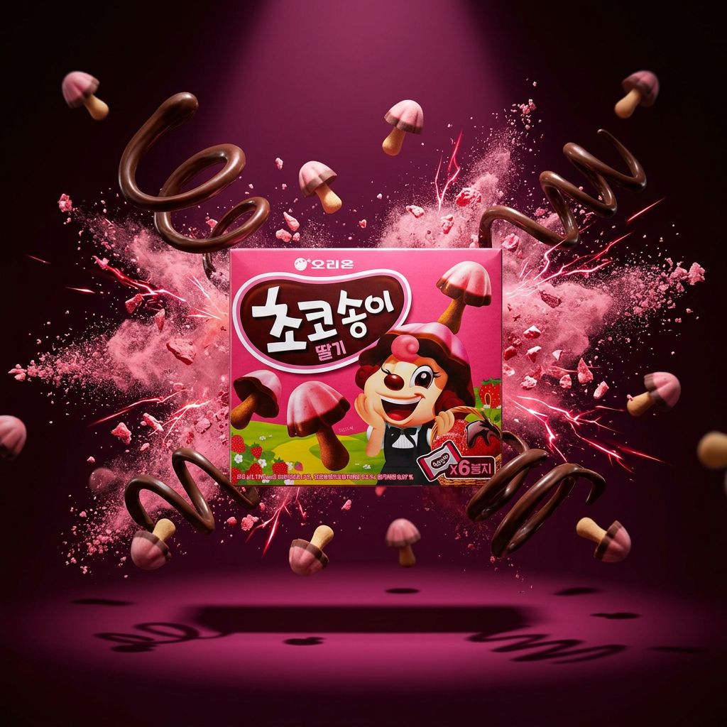 Orion Chocolate Mushroom Strawberry, biscuits champignon enrobés chocolat fraise, snack coréen, disponible sur My American Shop