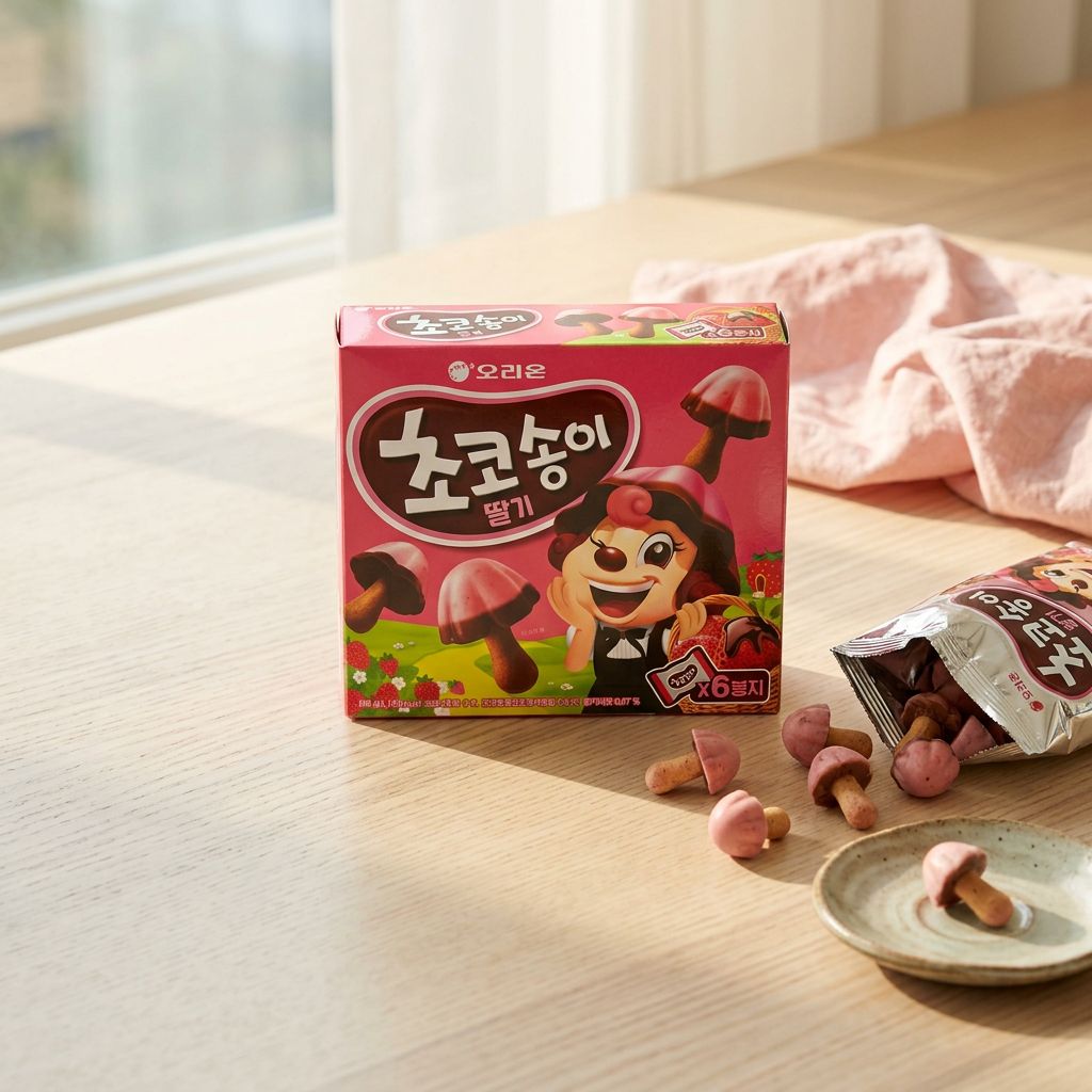 Orion Chocolate Mushroom Strawberry, biscuits champignon enrobés chocolat fraise, snack coréen, disponible sur My American Shop
