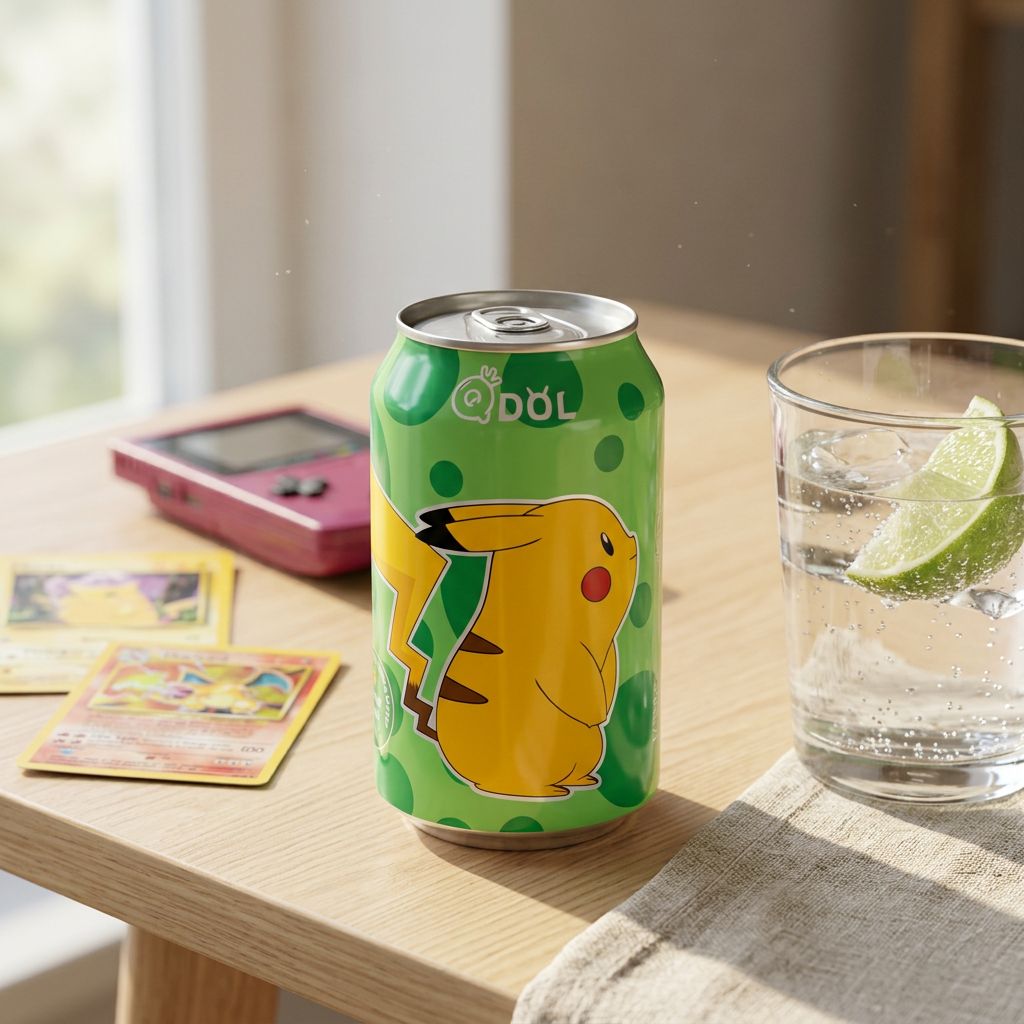QDOL Pokémon Pikachu eau pétillante saveur citron vert, boisson collector asiatique, disponible sur My American Shop