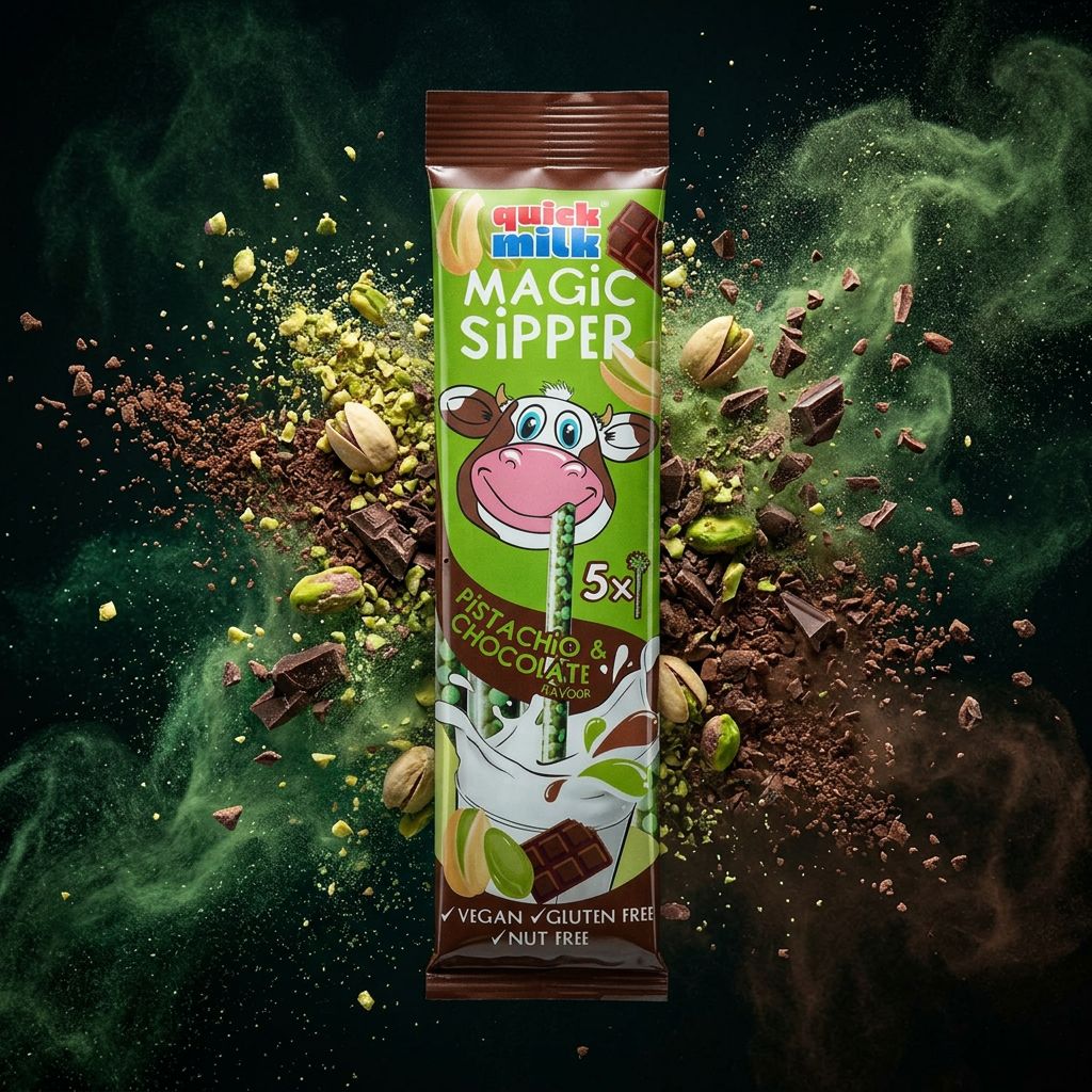 Quick Milk Magic Sipper paille aromatisée pistache et chocolat, disponible sur My American Shop