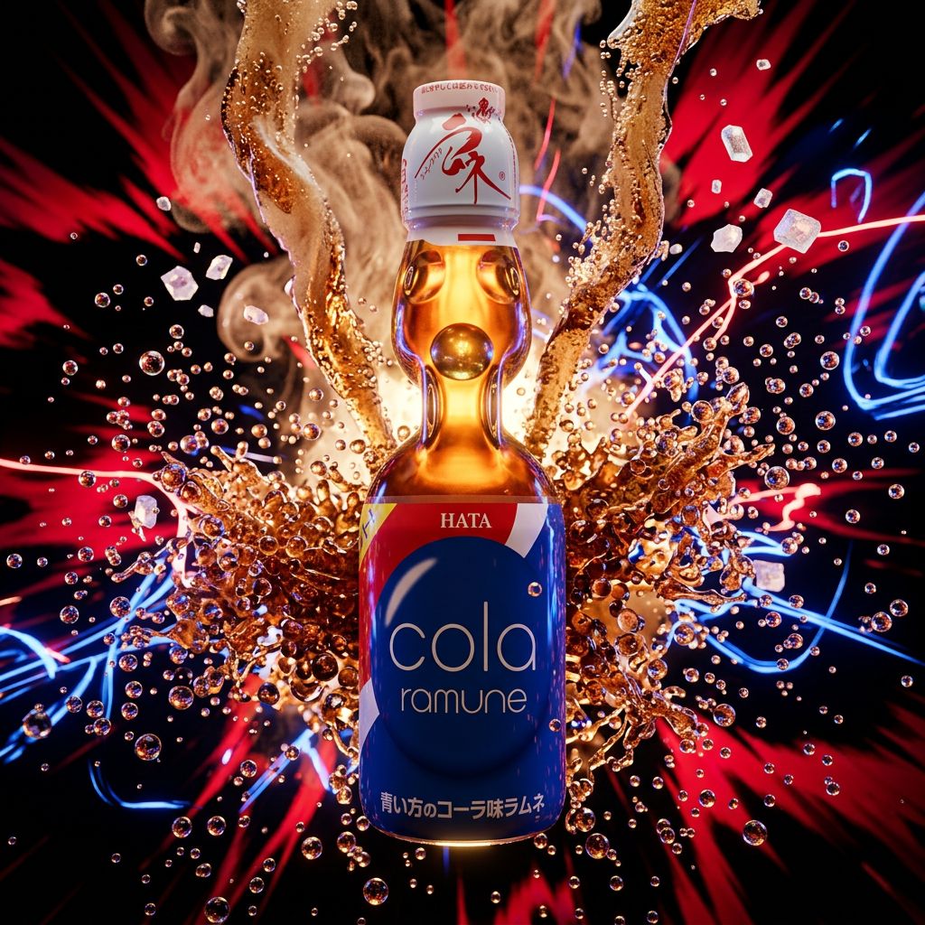 Ramune Hatakosen Soda Cola, bouteille en verre avec bille, saveur cola, importé du Japon, disponible sur My American Shop