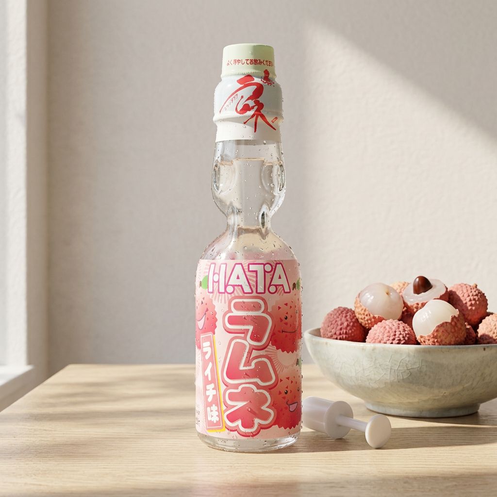 Ramune Hatakosen Soda saveur Lychee, bouteille en verre 200ml avec bille, importé du Japon, disponible sur My American Shop